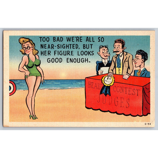 Comic Postcard Humorous Beauty Contest Judges Near Sighted Linen Unused