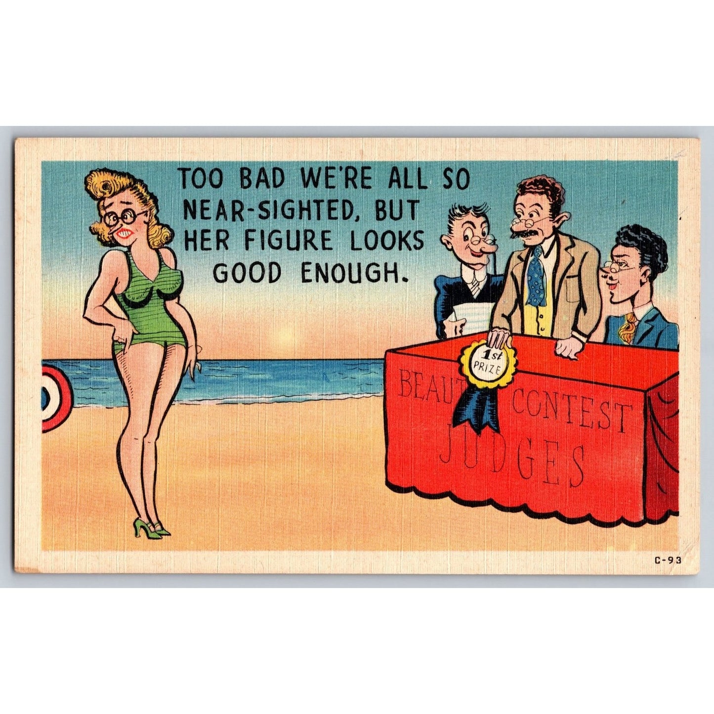 Comic Postcard Humorous Beauty Contest Judges Near Sighted Linen Unused