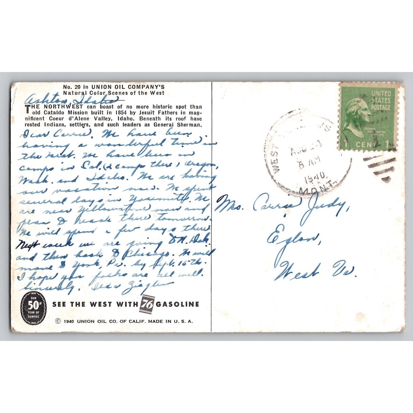 Coeur d'Alene ID Idaho Valley Cataldo Mission 1940 Chrome Postcard Used