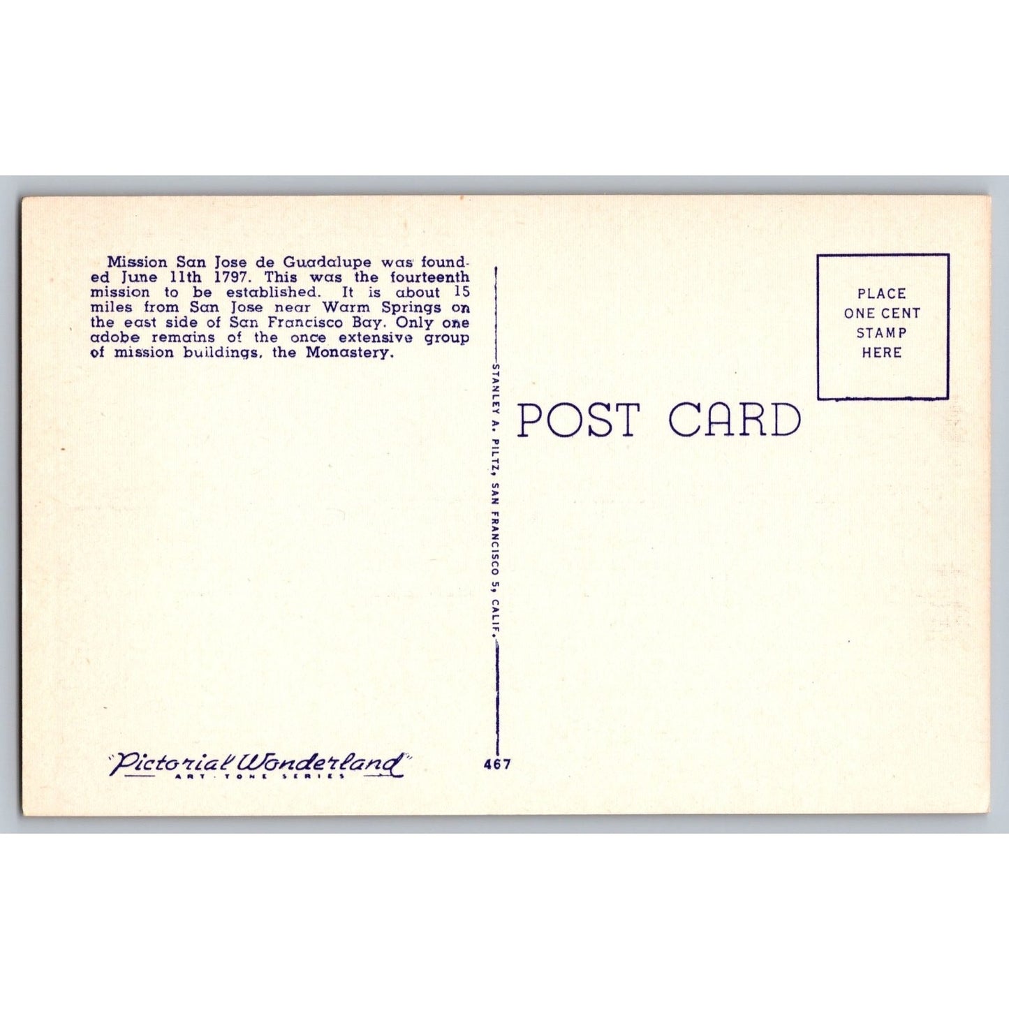San Jose CA California Mission San Jose de Guadalupe Linen Postcard Unused