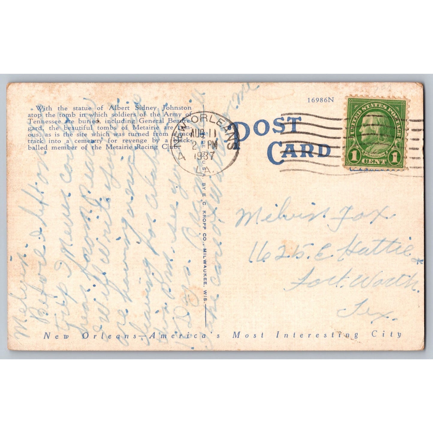 New Orleans LA Louisiana Metairie Cemetery 1937 Divided Back Postcard Used