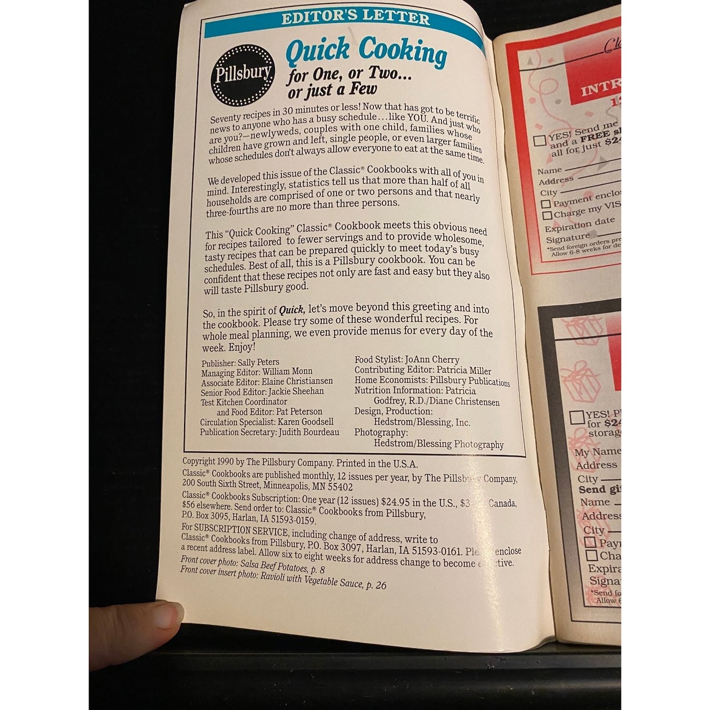 Pillsbury Classic Cookbook Booklet 1990 Quick Cooking for One or Two Recipes
