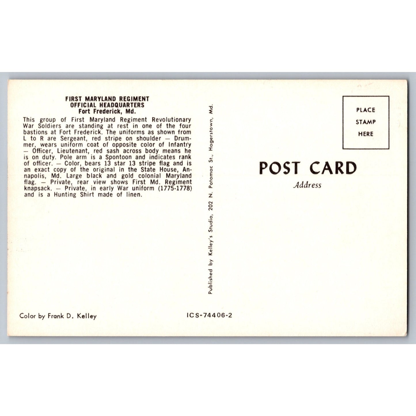 Fort Frederick MD Maryland First Regiment Official Headquarters Chrome Postcard