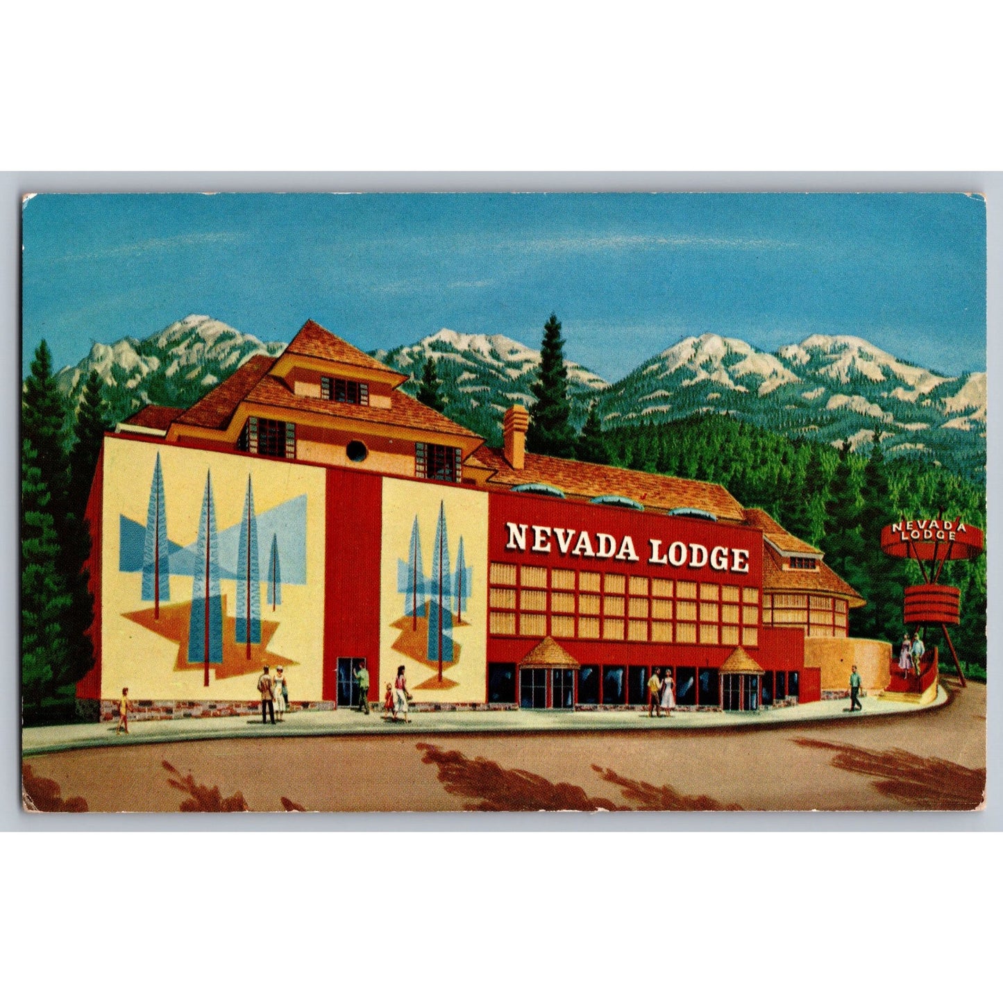 Lake Tahoe NV Nevada Lodge Hotel Postcard Unused Illustrated Mid-Century Design