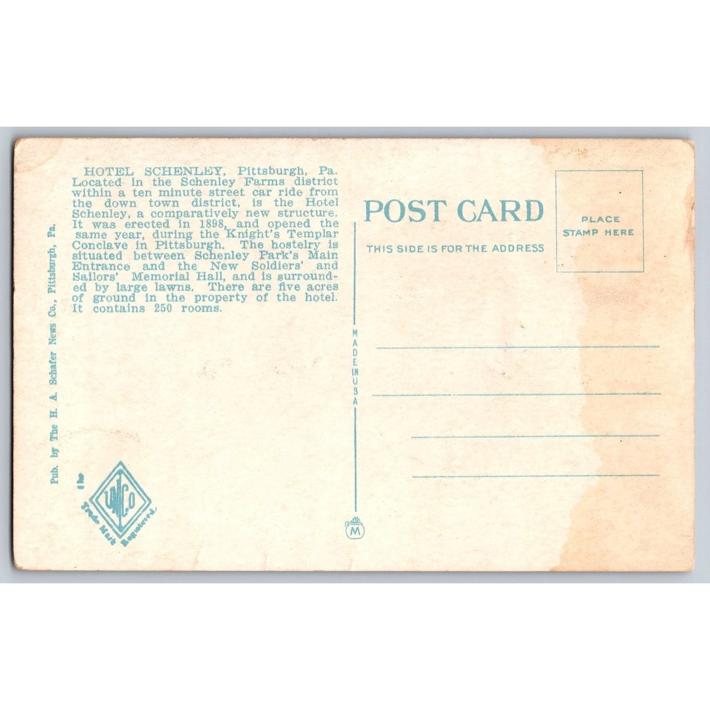 Pittsburgh PA Pennsylvania Hotel Schenley White Border Postcard H.A. Schaefer