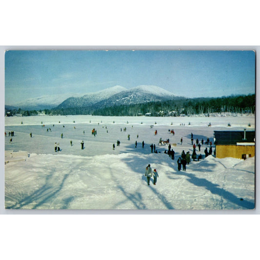 Lake Placid NY New York Mirror Lake Skating Rink Whiteface Mt Chrome Postcard
