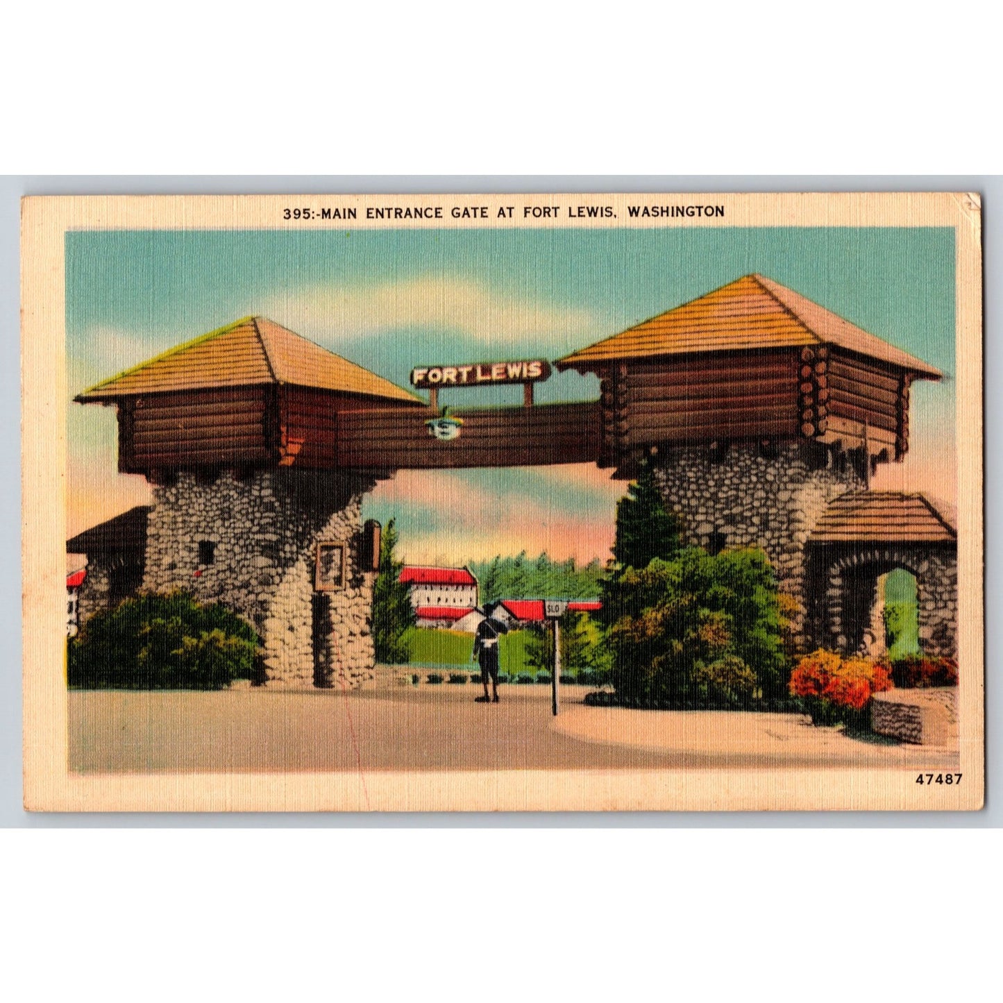 Fort Lewis WA Washington Main Entrance Gate 1945 White Border Postcard Used
