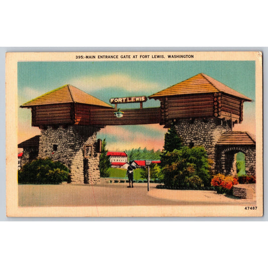 Fort Lewis WA Washington Main Entrance Gate 1945 White Border Postcard Used