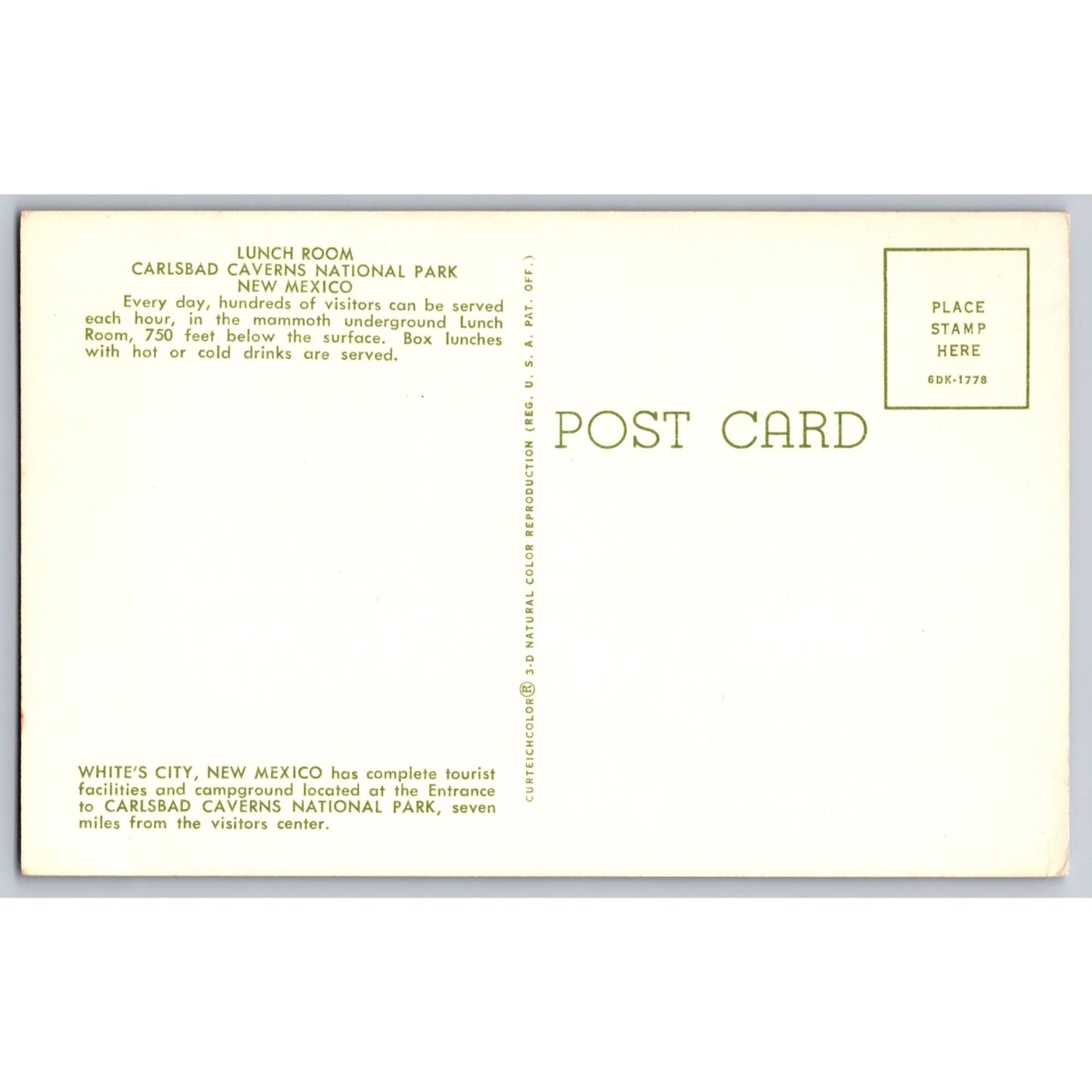 Carlsbad NM New Mexico Caverns National Park Underground Lunch Room Postcard