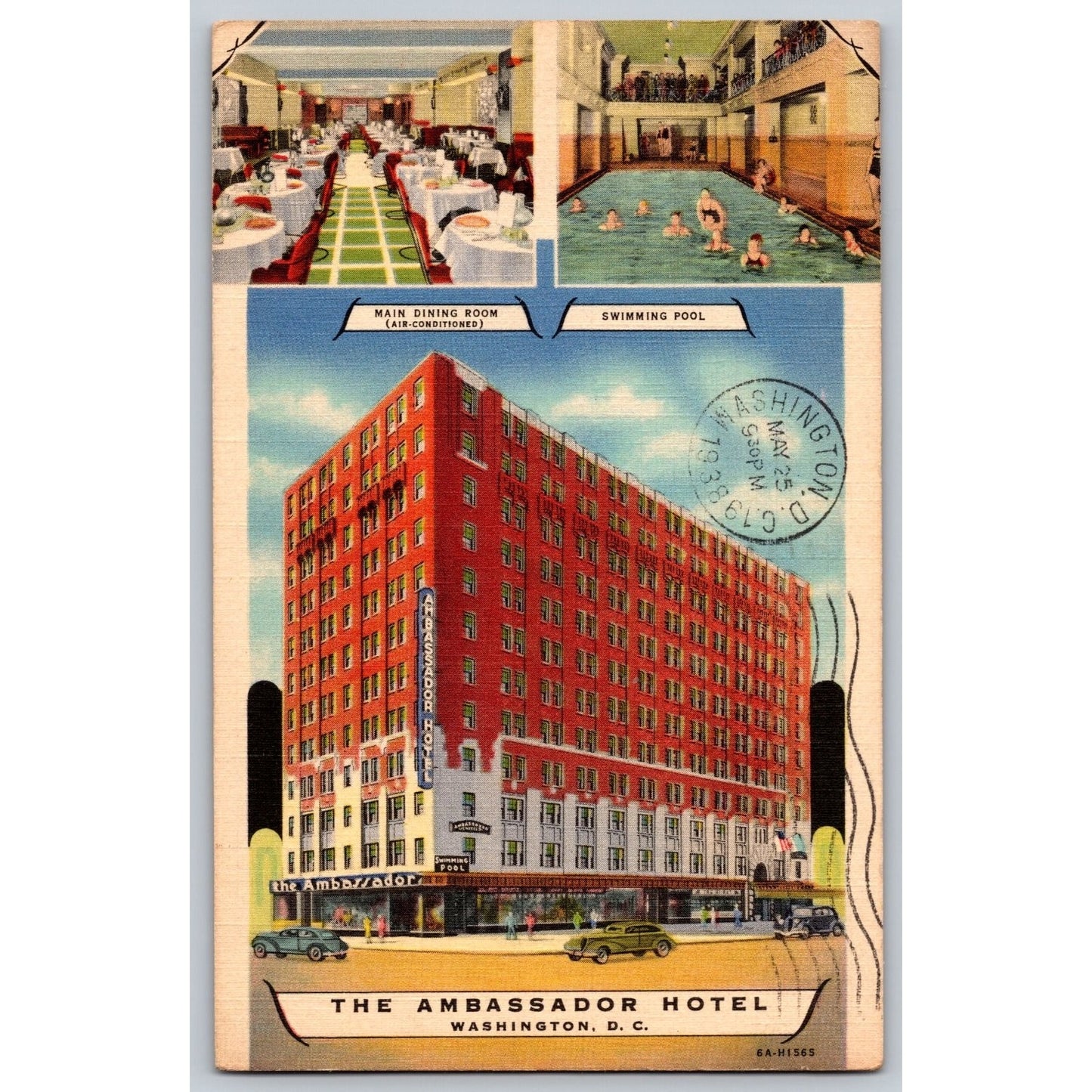 Washington DC Ambassador Hotel Pool Dining 1939 White Border Postcard Used