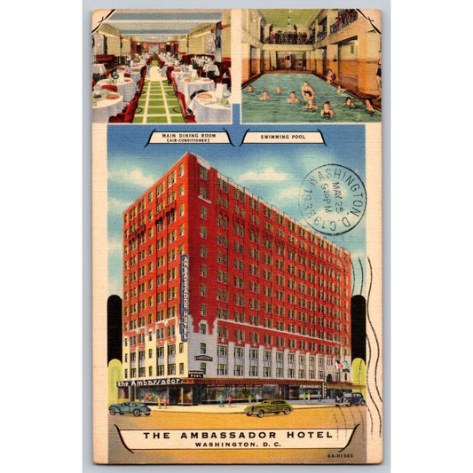 Washington DC Ambassador Hotel Pool Dining 1939 White Border Postcard Used