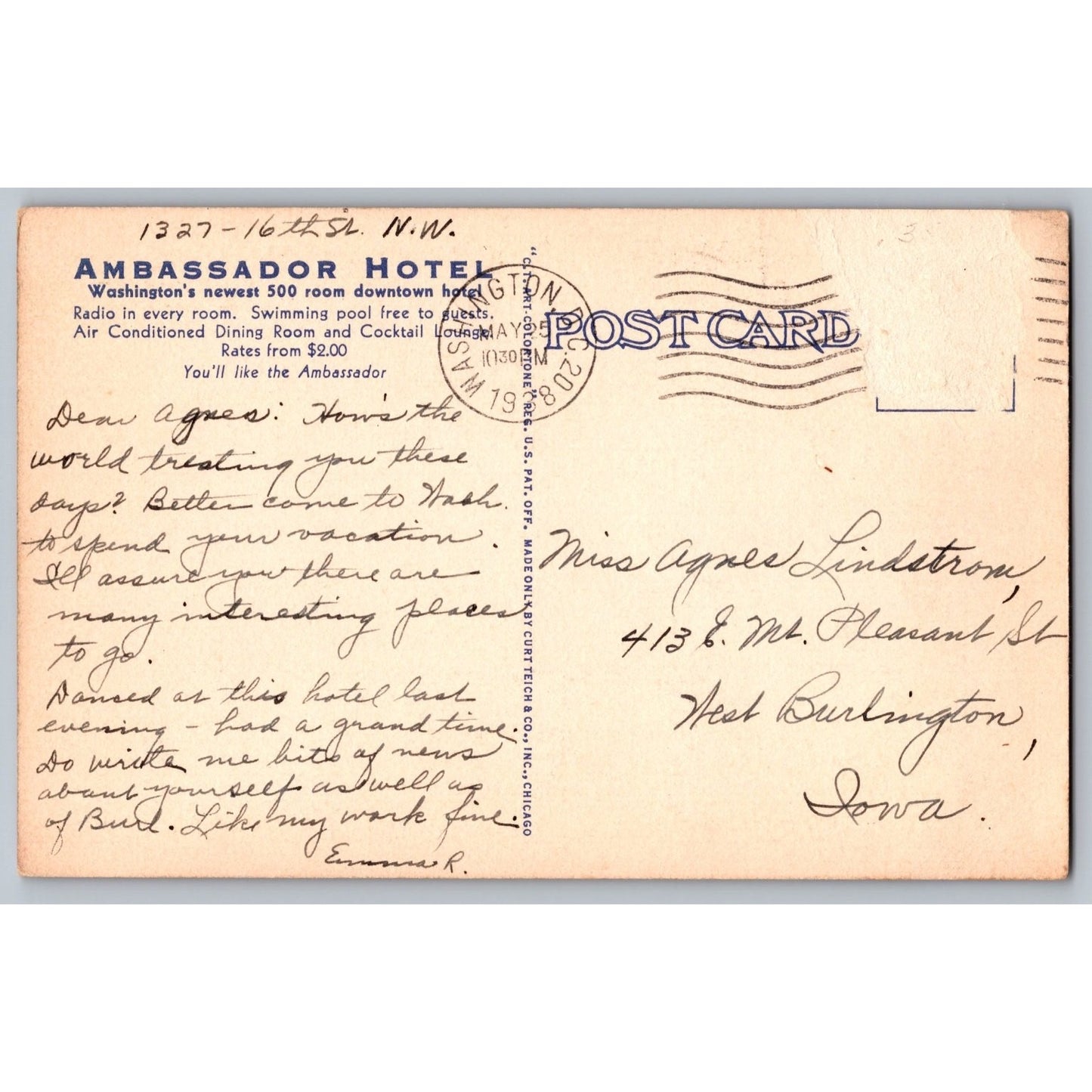 Washington DC Ambassador Hotel Pool Dining 1939 White Border Postcard Used