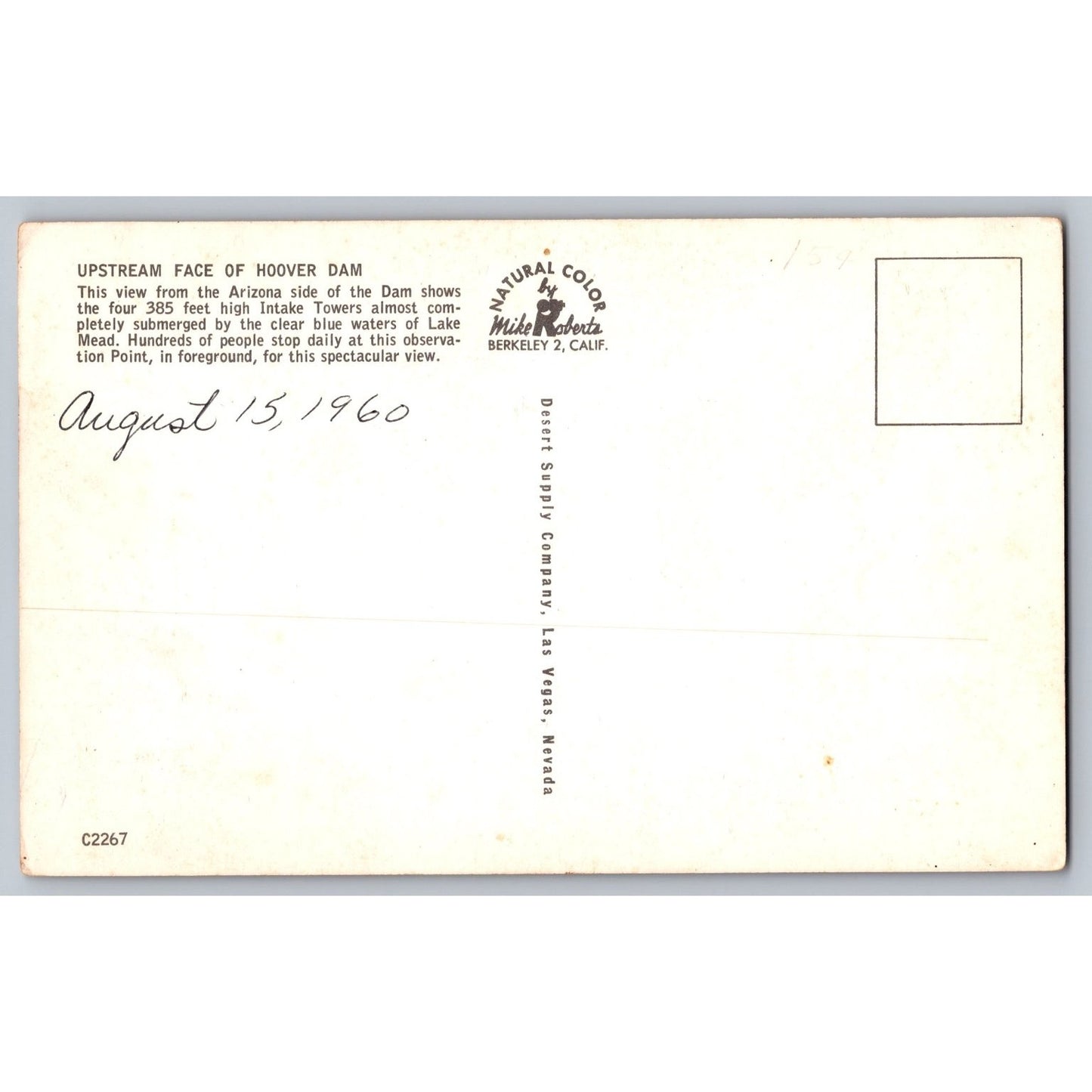 Boulder City NV Nevada View from Arizona Hoover Dam 1960 Postcard Mike Roberts