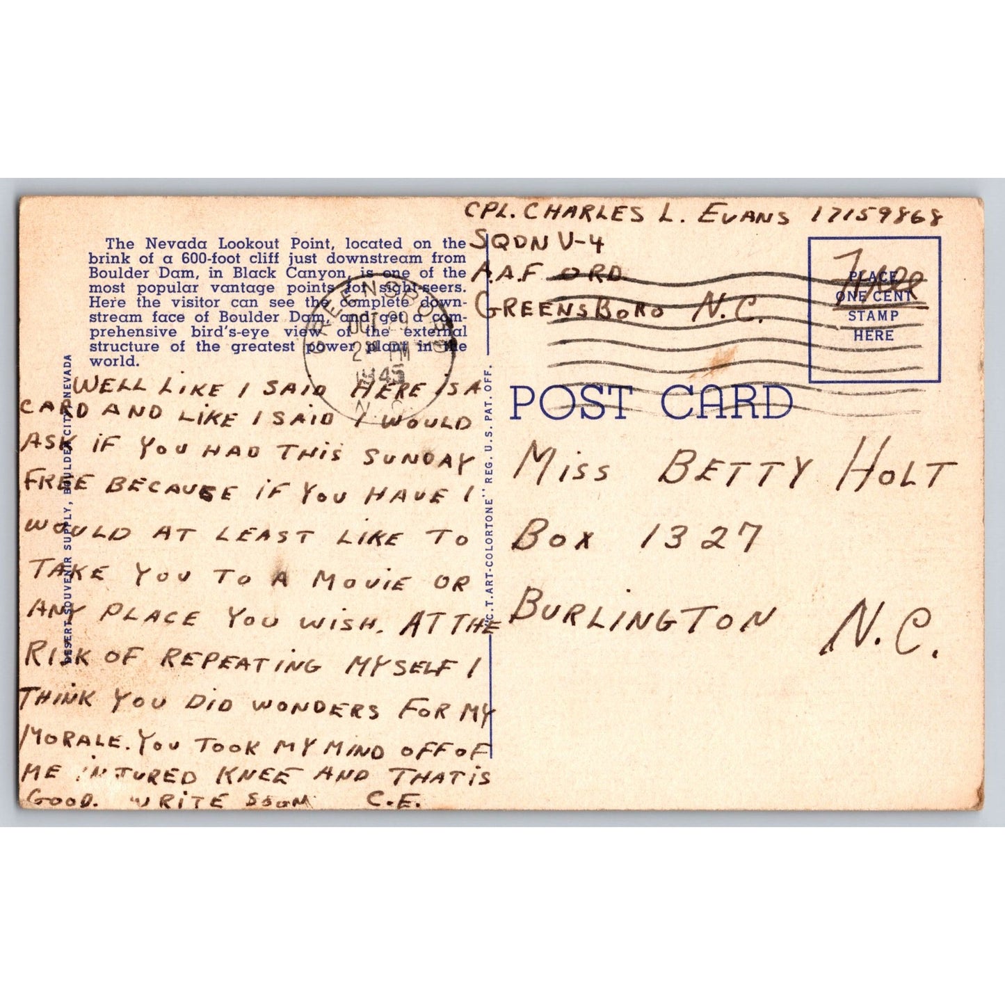NV and CO Boulder Dam Lookout Point Bureau Of Reclamation Linen Postcard 1940s