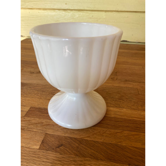 Vintage White Milk Glass Pedestal Ribbed Bowl Decor Planter 5" Tall