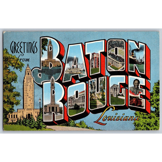 Baton Rouge LA Louisiana Large Letter Greetings Linen 1940s Unused