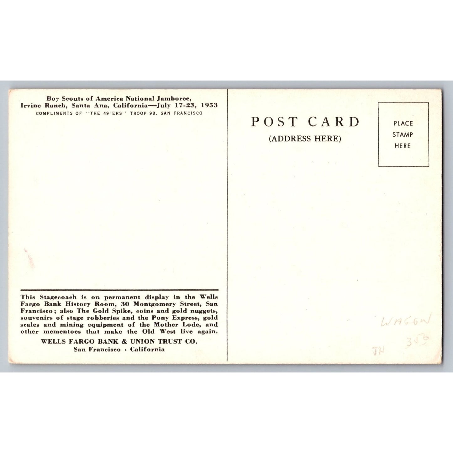 San Francisco CA California Old Hangtown Wells Fargo Overland Stagecoach Postcard