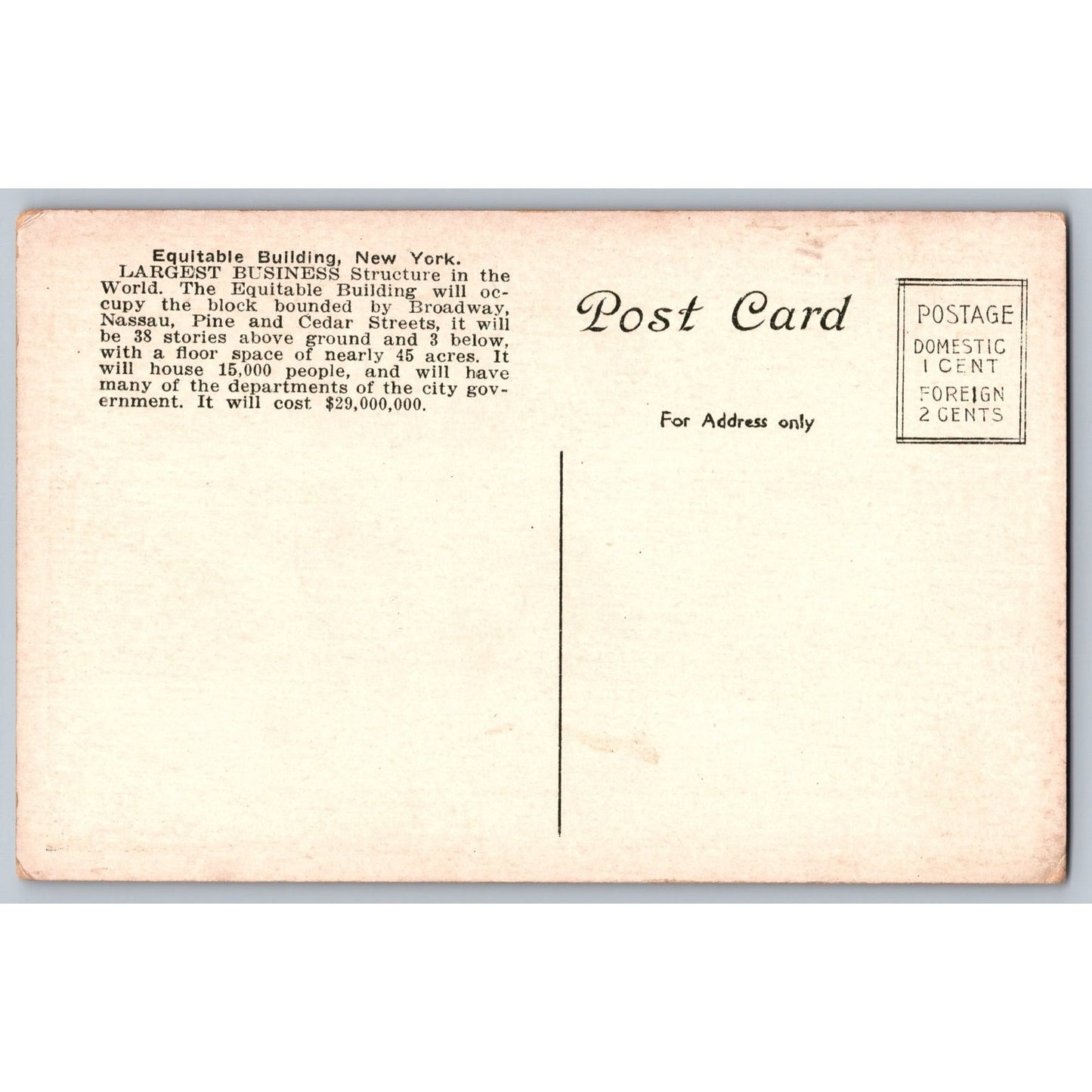 New York NY Equitable Building White Border Postcard Unused