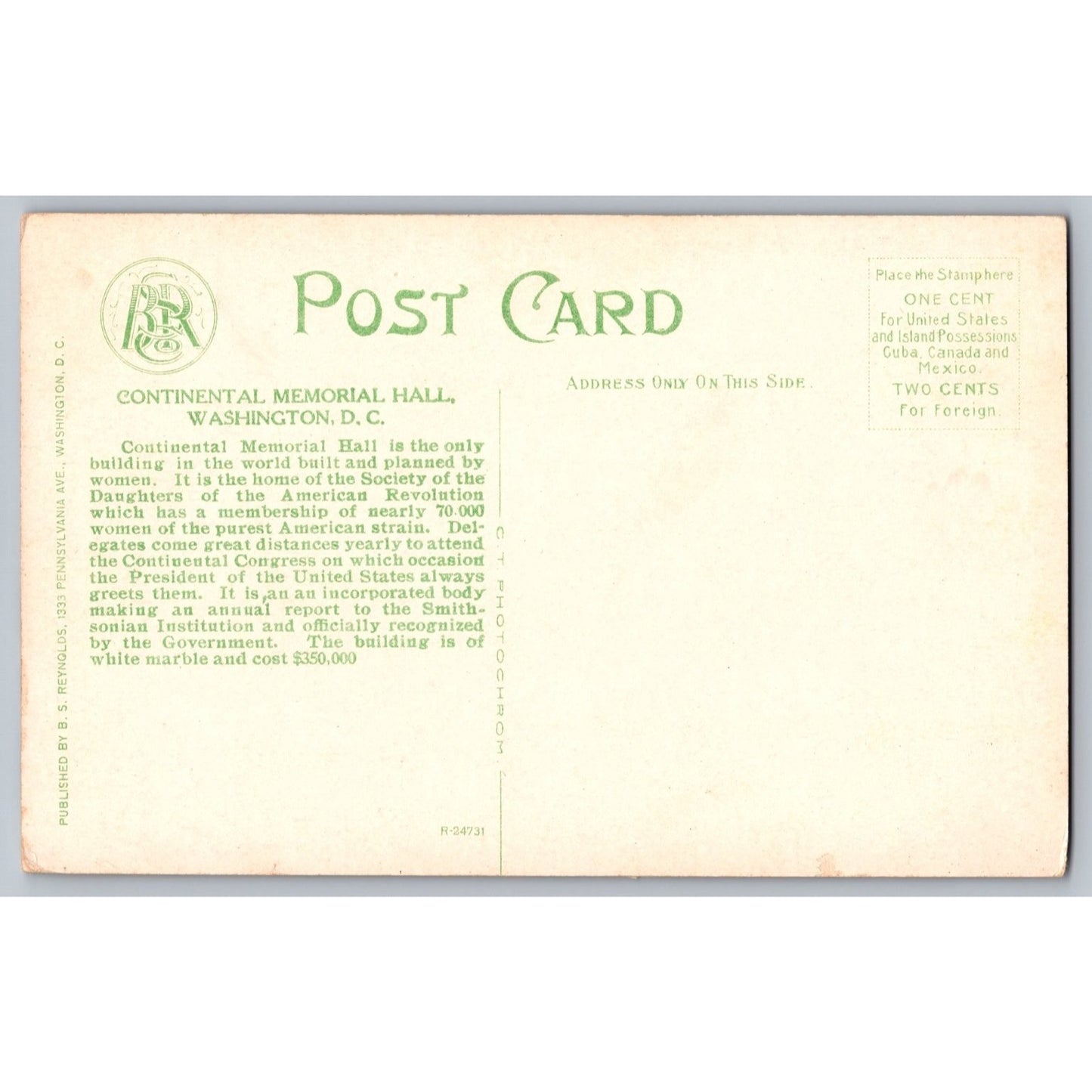 Washington DC Memorial Continental Hall Divided Back Postcard Unused