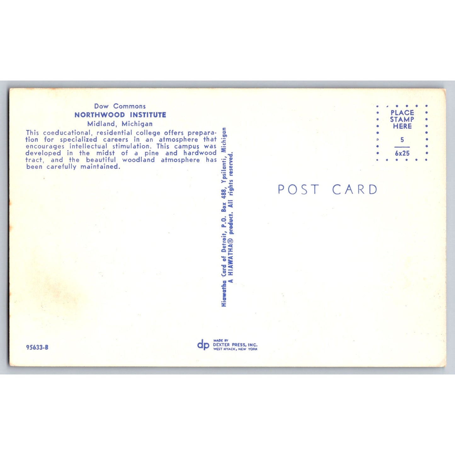 Midland MI Michigan Northwood Institute Dow Commons Postcard Unused Dexter Press