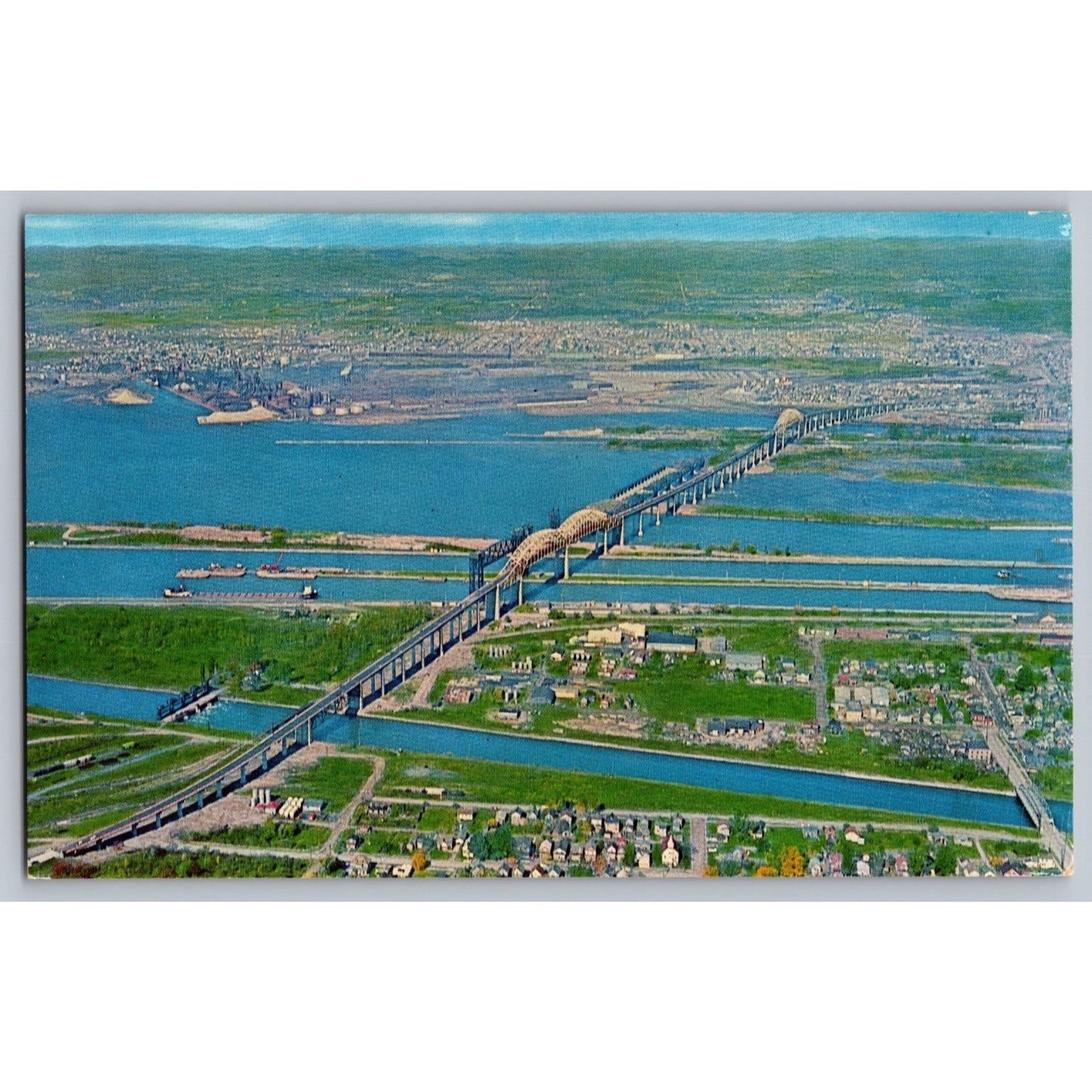 Saulte Ste Marie MI Michigan American Soo Locks Aerial View Chrome Postcard