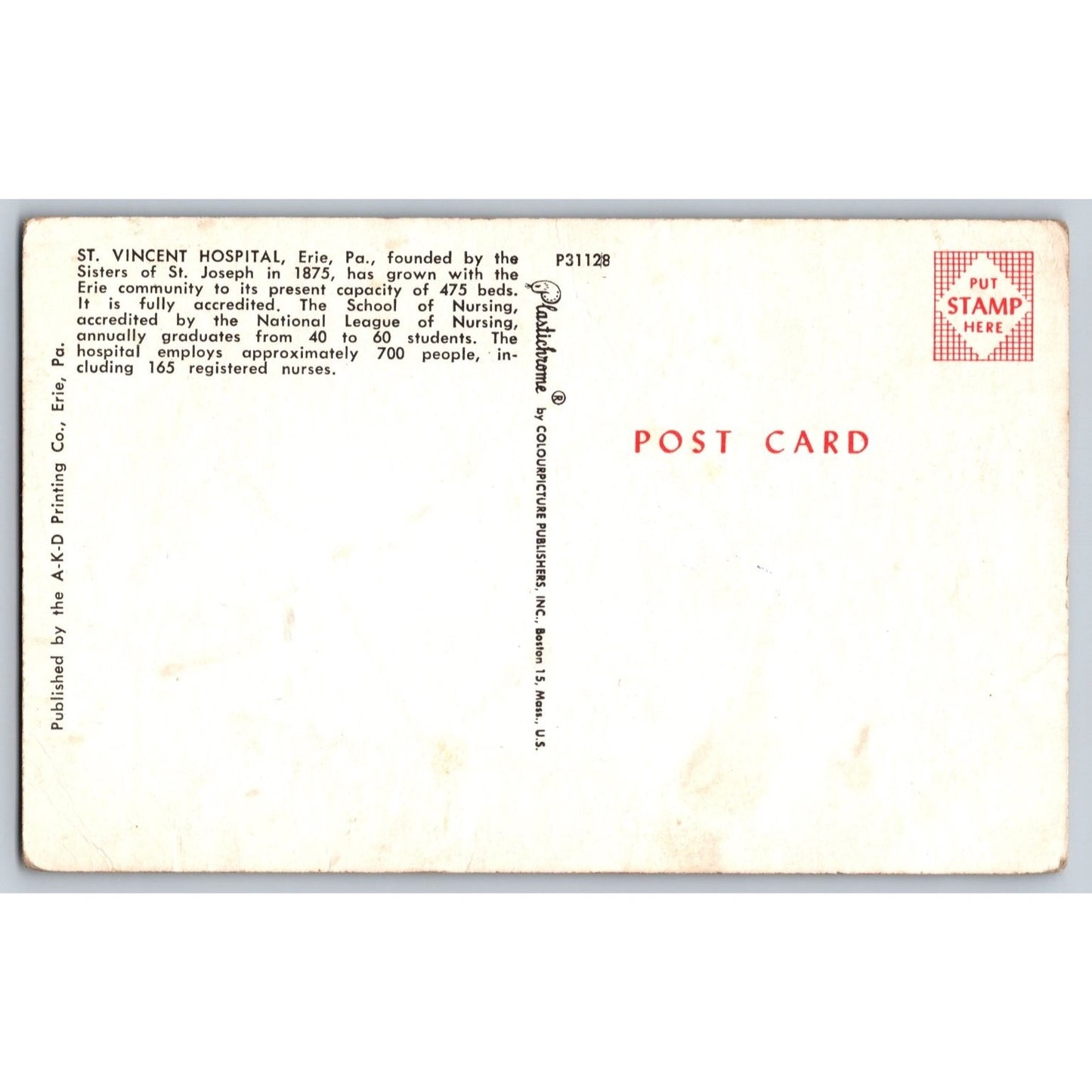 Erie PA Pennsylvania St. Vincent Hospital Chrome Postcard Colourpicture