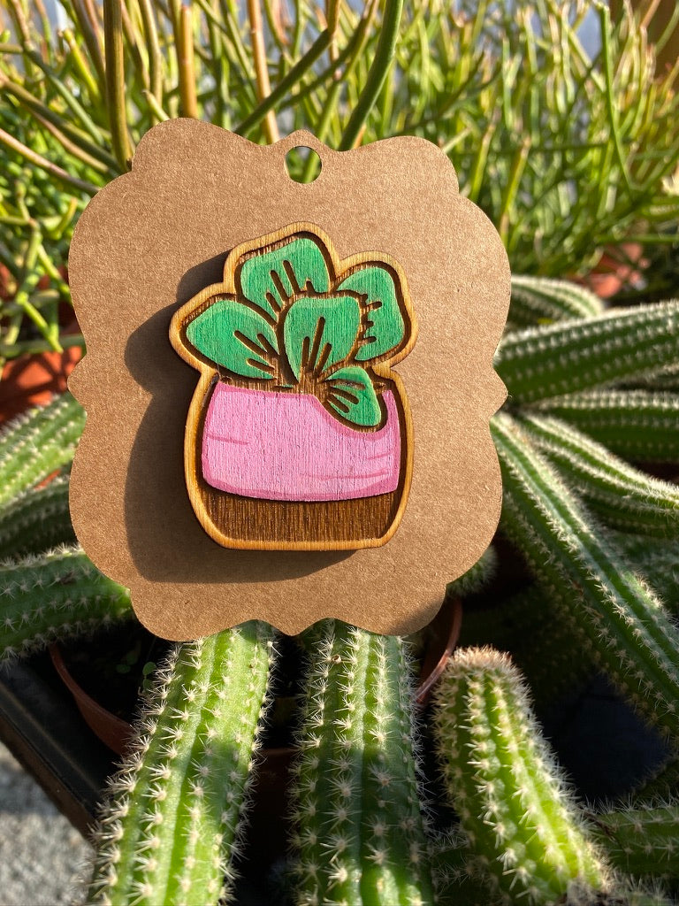 Magnet Succulent Flapjack Potted Laser Engraved Wooden Hand Painted Pink Brown