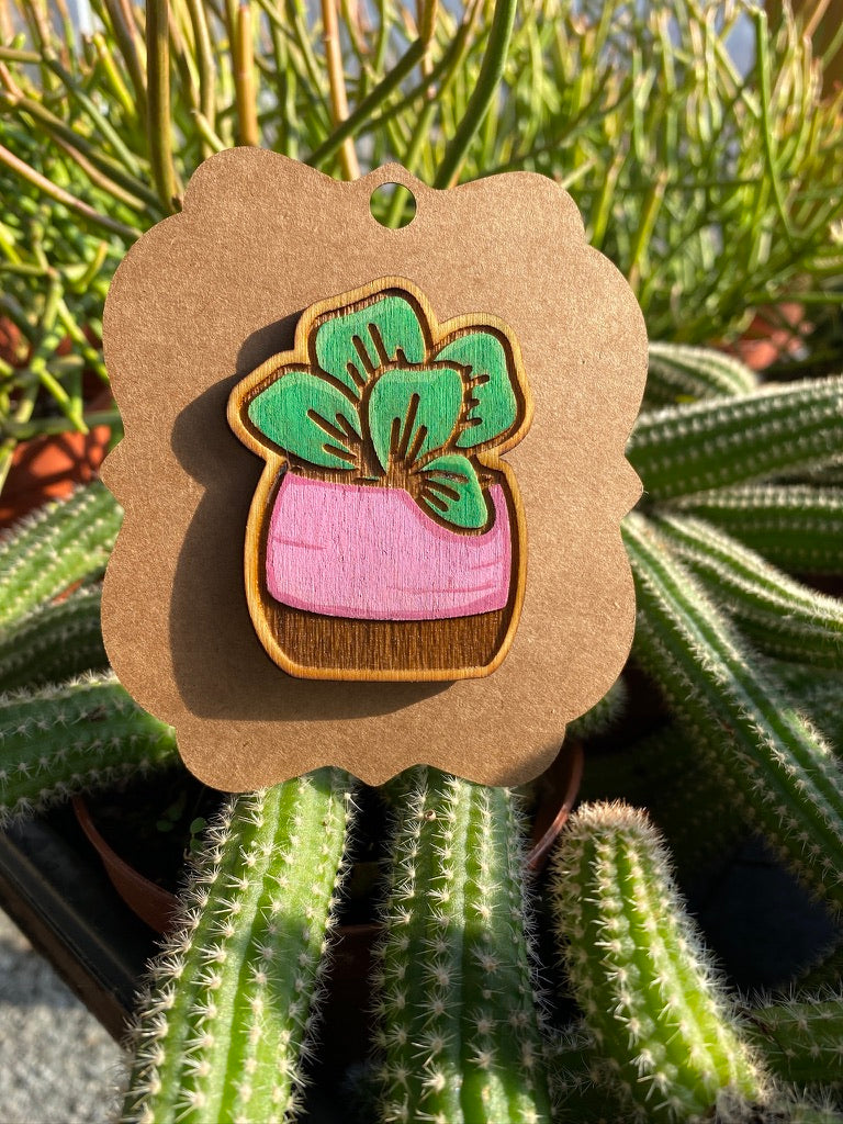 Magnet Succulent Flapjack Potted Laser Engraved Wooden Hand Painted Pink Brown