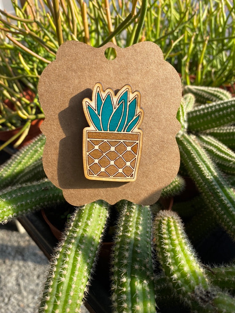 Magnet Succulent In Gold Pot Laser Engraved Wood Hand Painted Metallic Paint