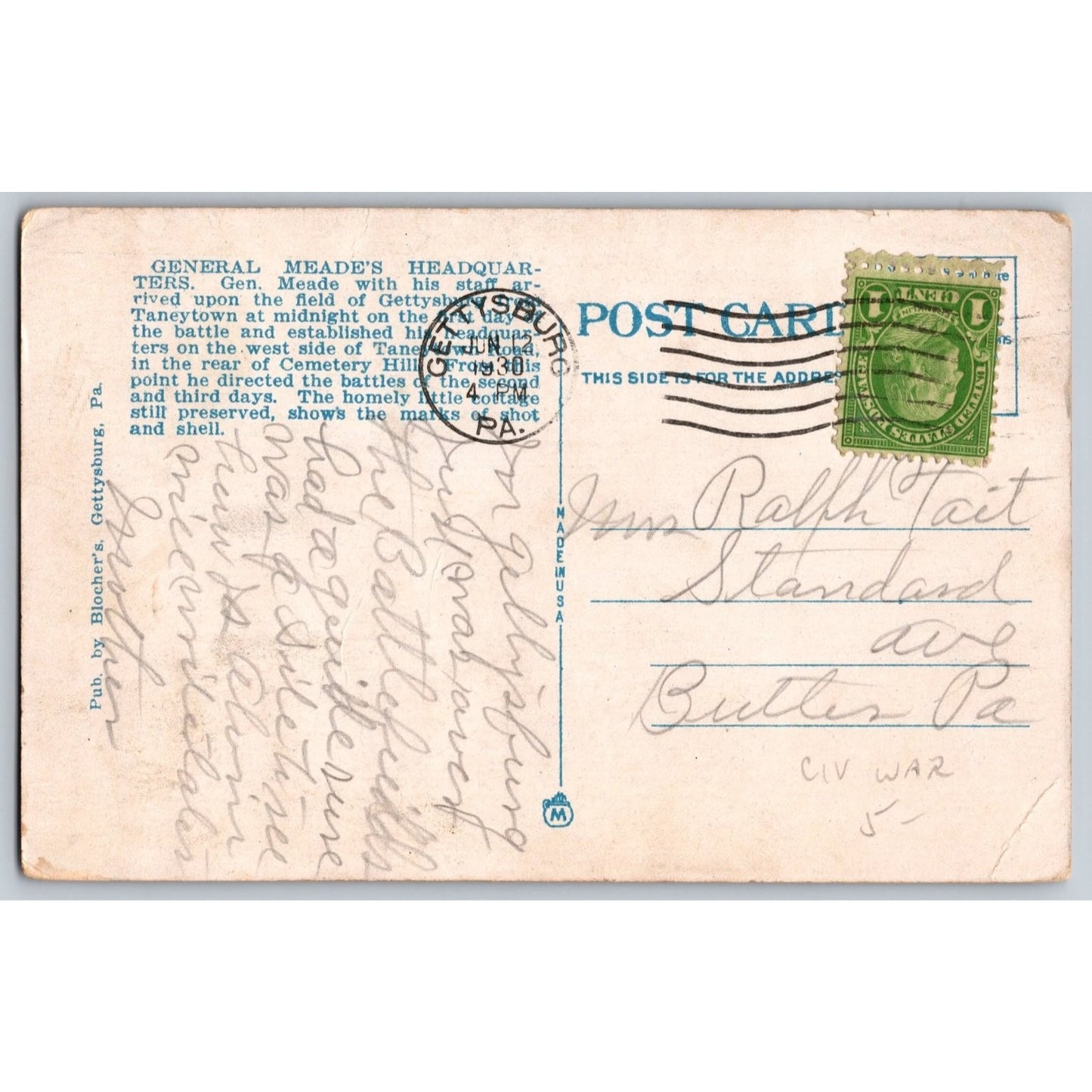 Gettysburg PA Pennsylvania General Meade's Headquarters Postcard with Portrait