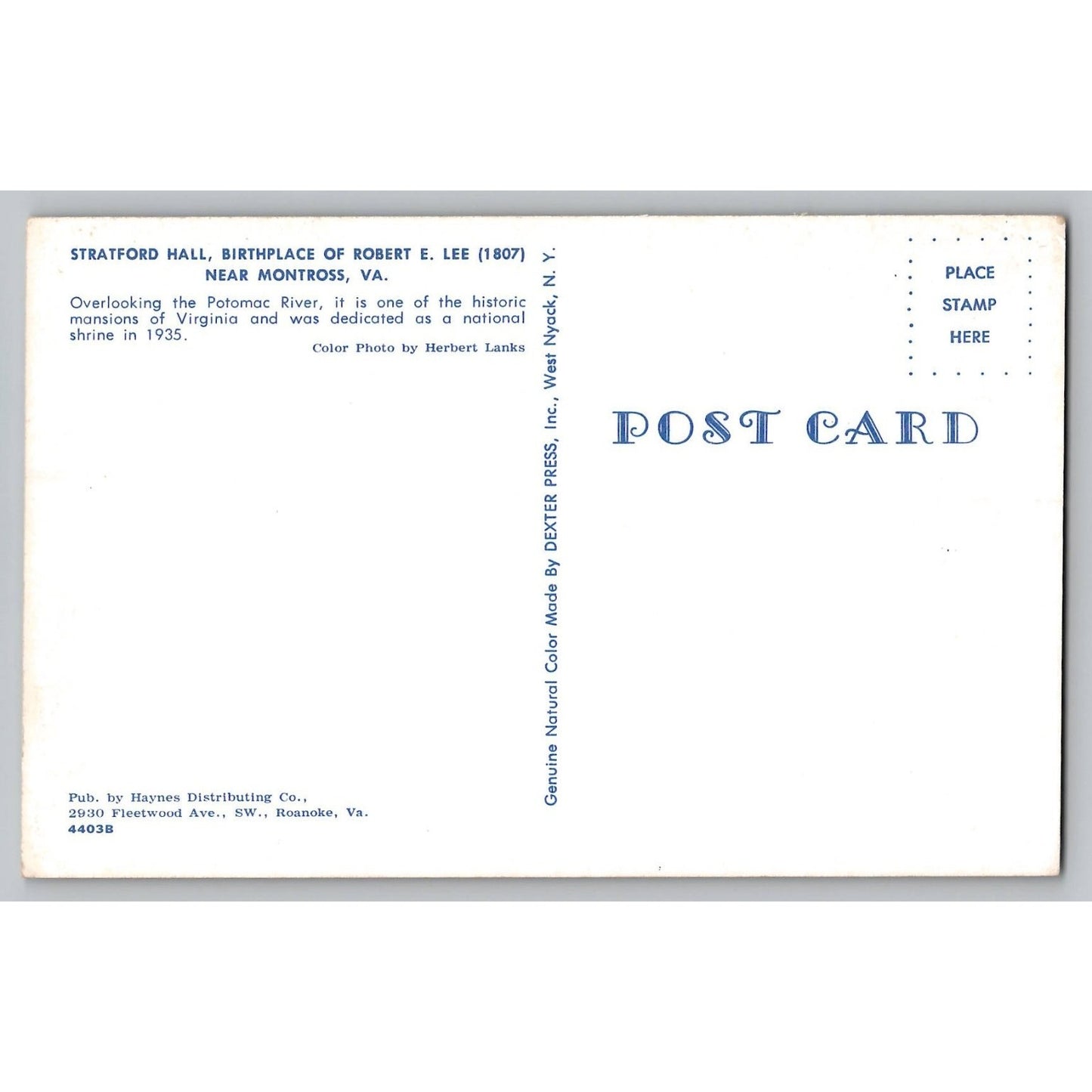 Stratford VA Virginia Stratford Hall Robert E. Lee Birthplace Postcard Chrome