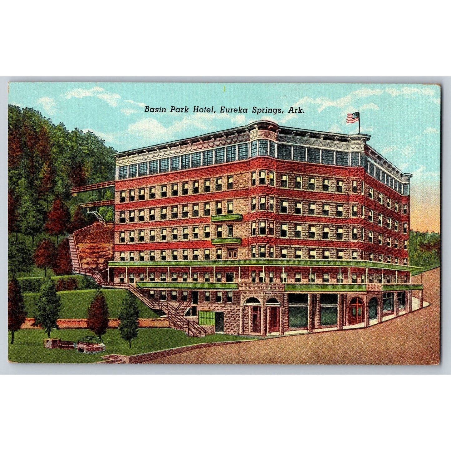 Eureka Springs AR Arkansas Basin Park Hotel Divided Back Postcard Curteich