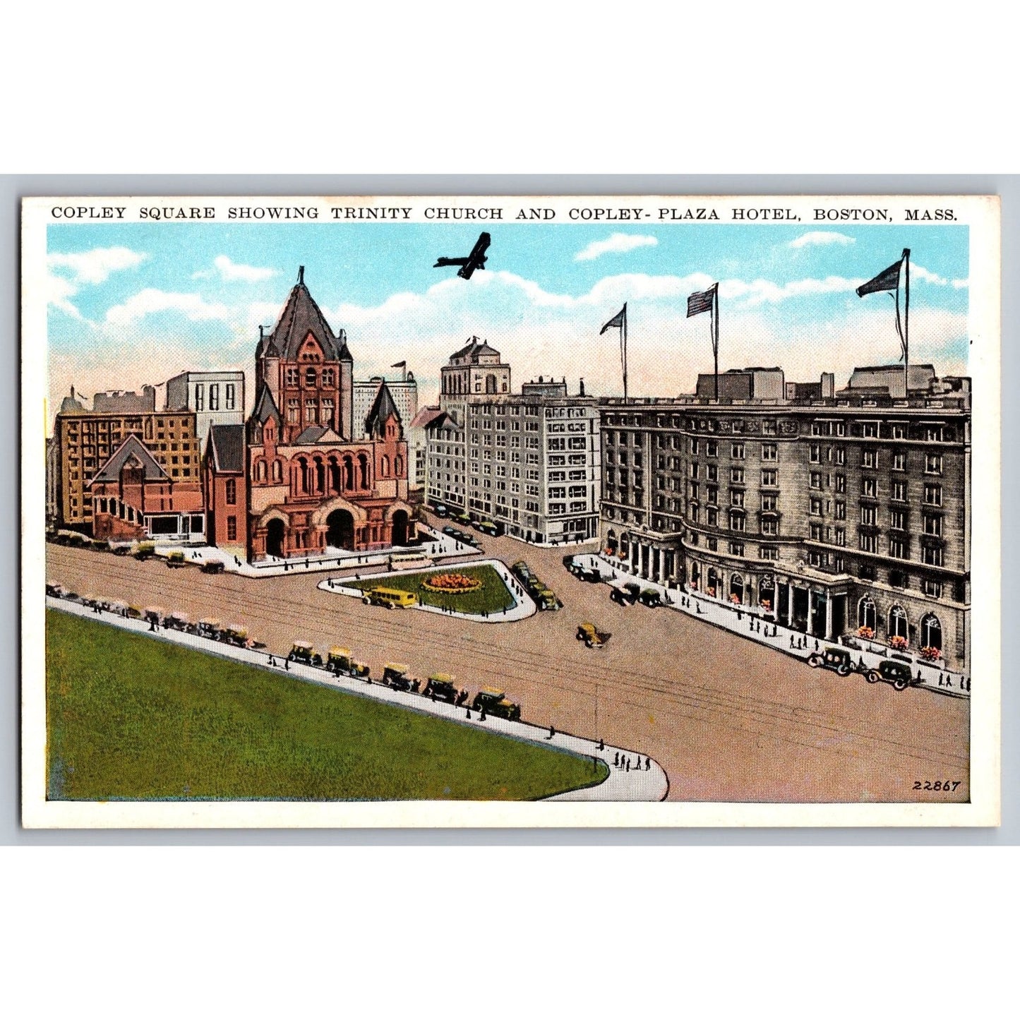 Boston MA Massachusetts Copley Square Trinity Church Plaza Hotel 1920s Postcard