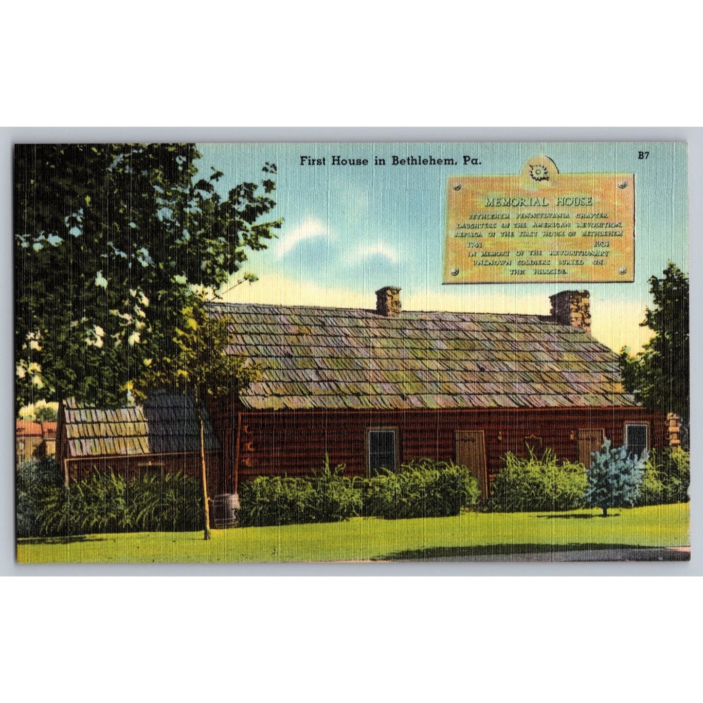 Bethlehem PA Pennsylvania First House Memorial House 1930s Linen Postcard