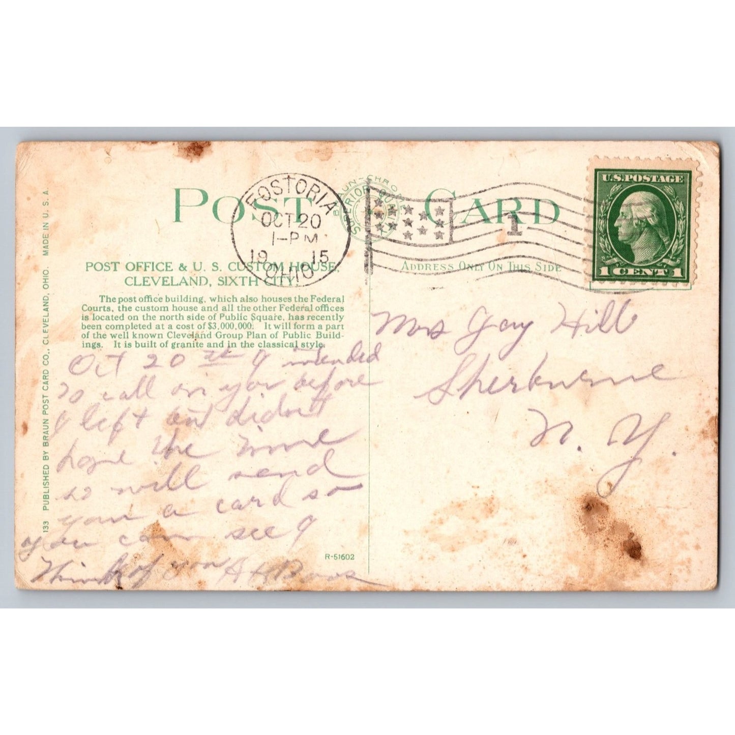 Cleveland OH Ohio Post Office US Custom House 1915 White Border Postcard Used