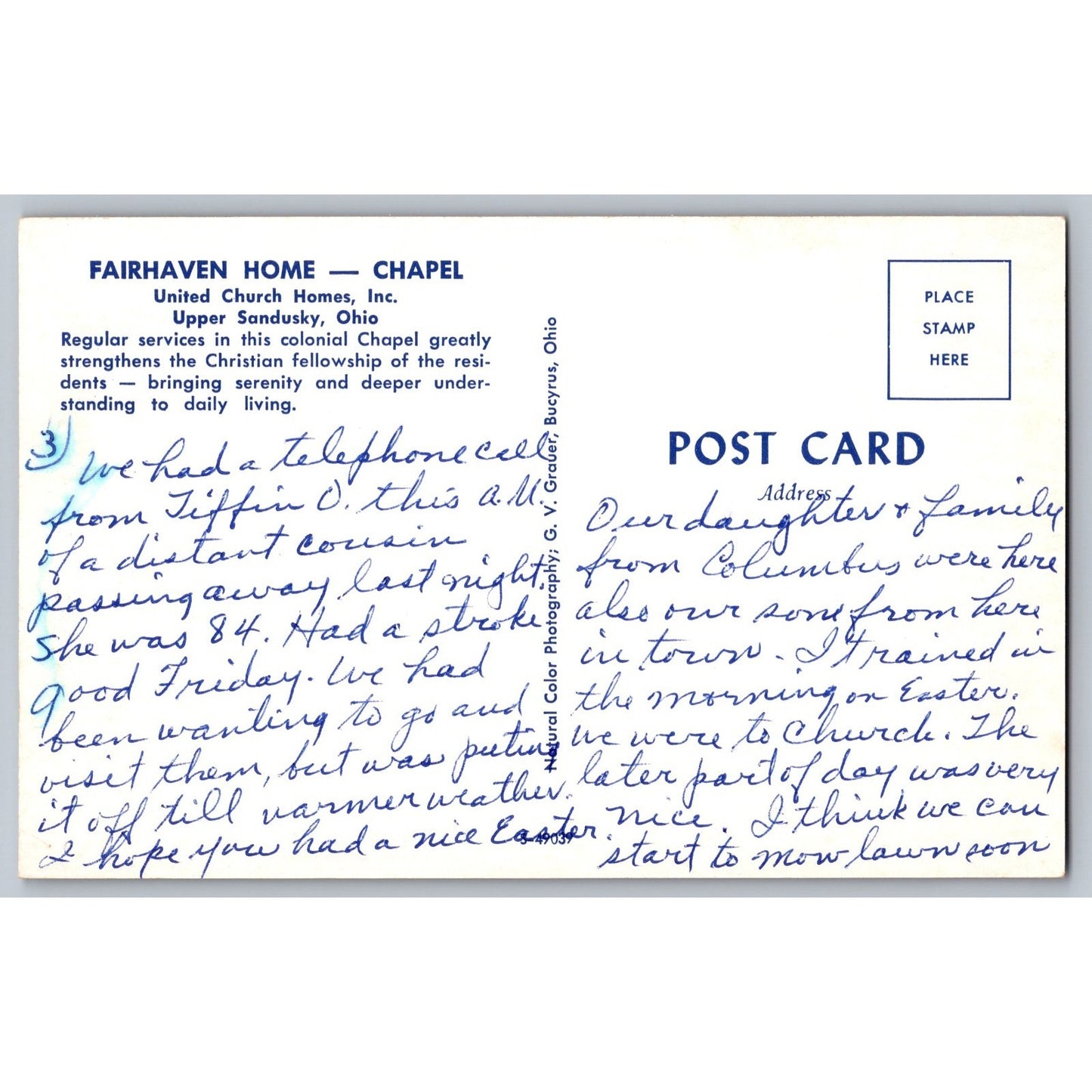 Upper Sandusky OH Ohio Fairhaven Home Nursing Care Unit Chapel Chrome Postcard