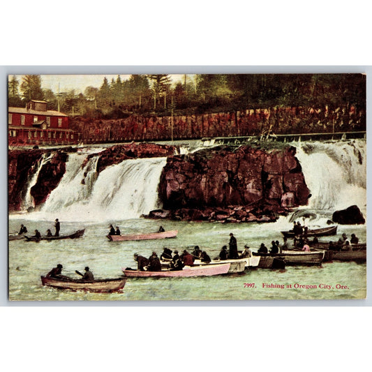 Oregon City OR Fishing and Waterfall Scenic View Early 1900s Postcard Unused