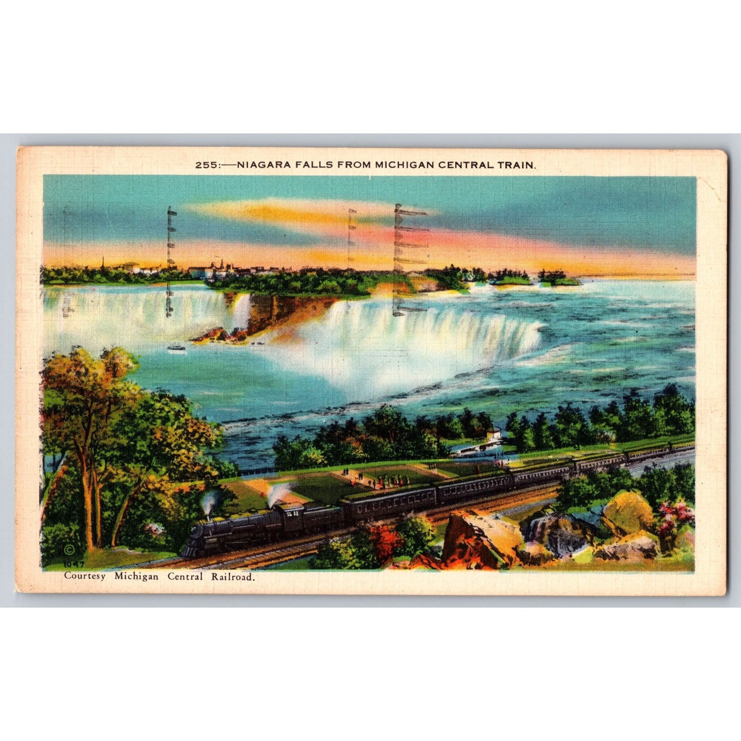 Niagara Falls MI Michigan Central Train Scenic View 1937 White Border Postcard