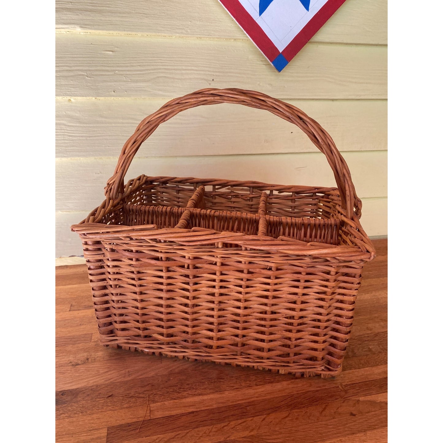 Wicker Basket With Dividers & Handle - 15 1/4" X 15 1/4" - 6 Wine Bottles Rustic Storage Or Picnic Organizer