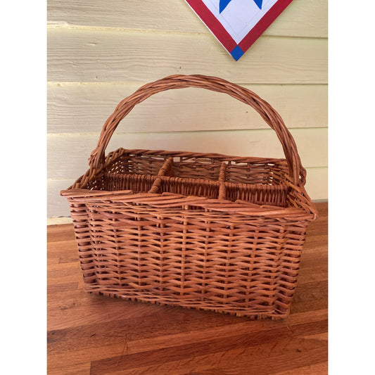 Wicker Basket With Dividers & Handle - 15 1/4" X 15 1/4" - 6 Wine Bottles Rustic Storage Or Picnic Organizer