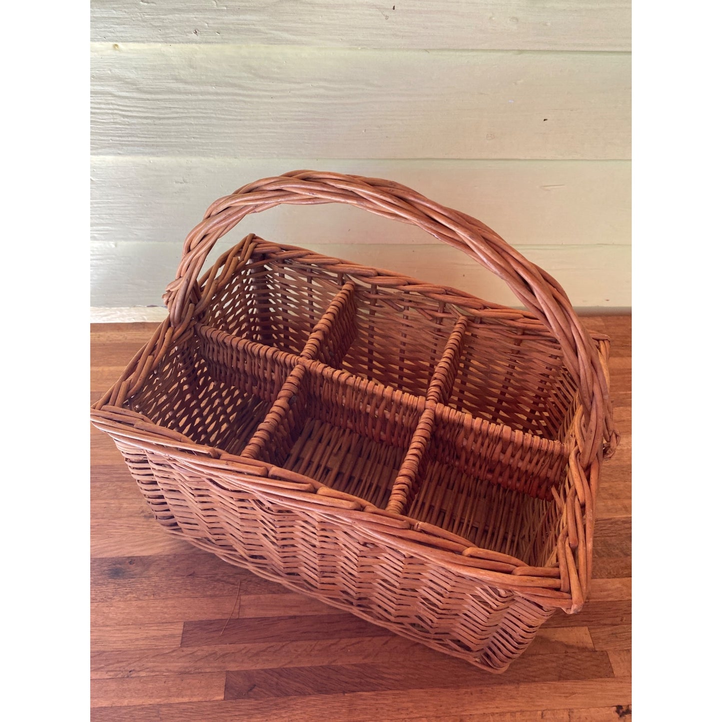 Wicker Basket With Dividers & Handle - 15 1/4" X 15 1/4" - 6 Wine Bottles Rustic Storage Or Picnic Organizer