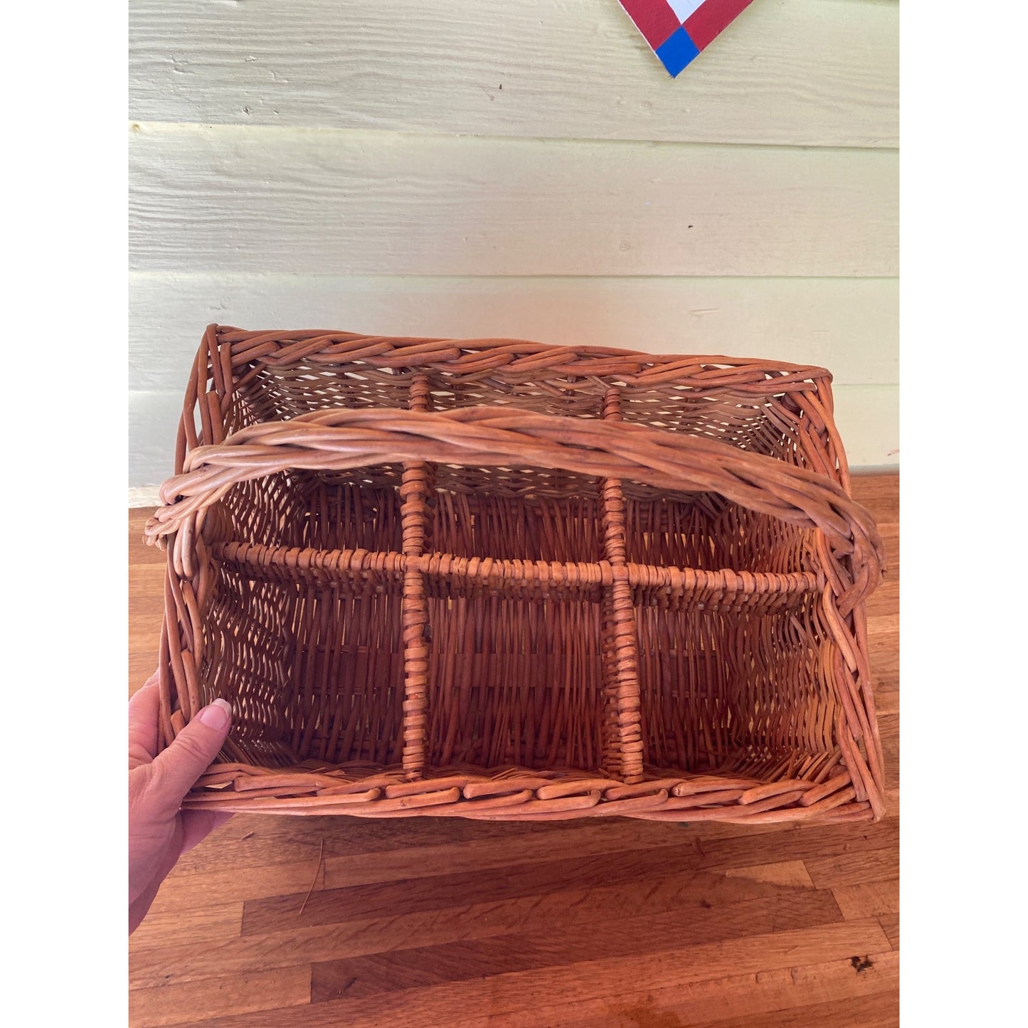 Wicker Basket With Dividers & Handle - 15 1/4" X 15 1/4" - 6 Wine Bottles Rustic Storage Or Picnic Organizer