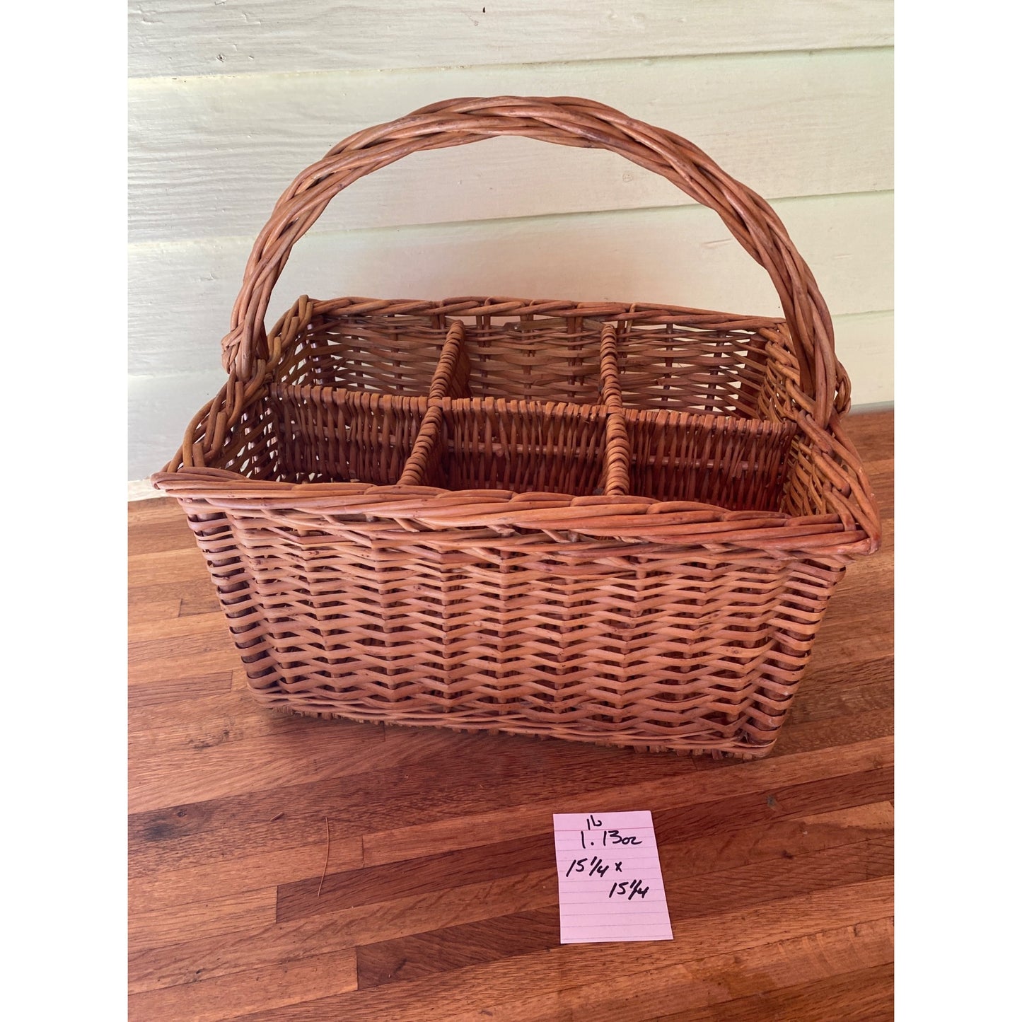 Wicker Basket With Dividers & Handle - 15 1/4" X 15 1/4" - 6 Wine Bottles Rustic Storage Or Picnic Organizer