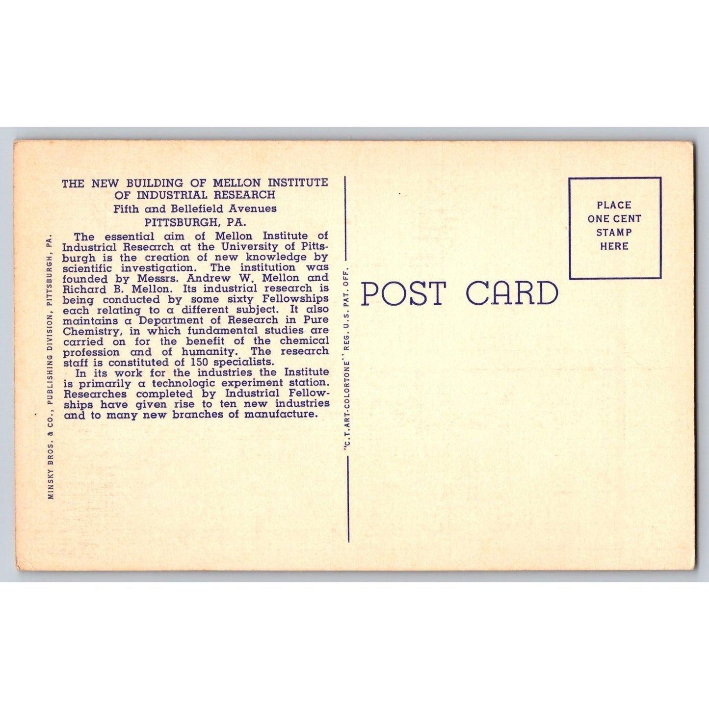 Pittsburgh PA Pennsylvania Mellon Institute Building 1930s White Border Postcard