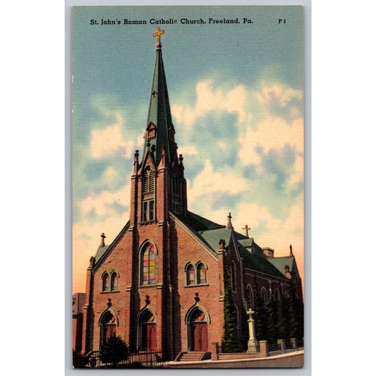 Freeland PA Pennsylvania St Johns Roman Catholic Church Linen Postcard