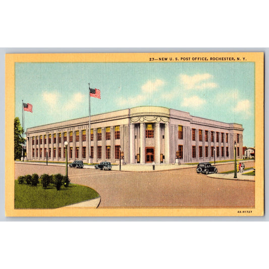 Rochester NY New York Post Office 1930s Yellow Border Linen Postcard Unused