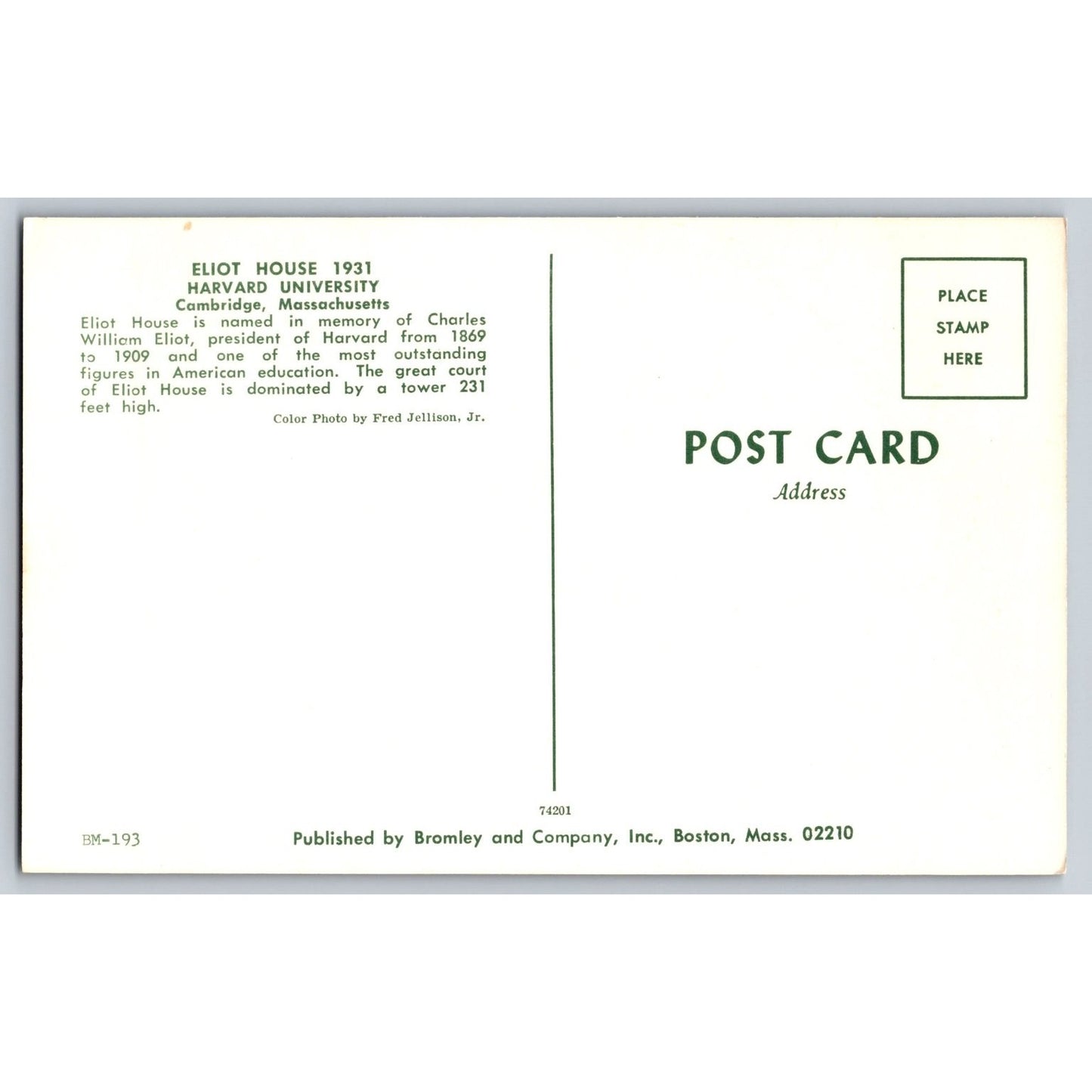 Cambridge MA Massachusetts Harvard University Eliot House Chrome Postcard Unused