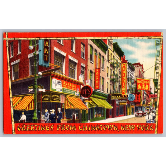 New York City NY Greetings From Chinatown Linen Postcard 1940s-50s