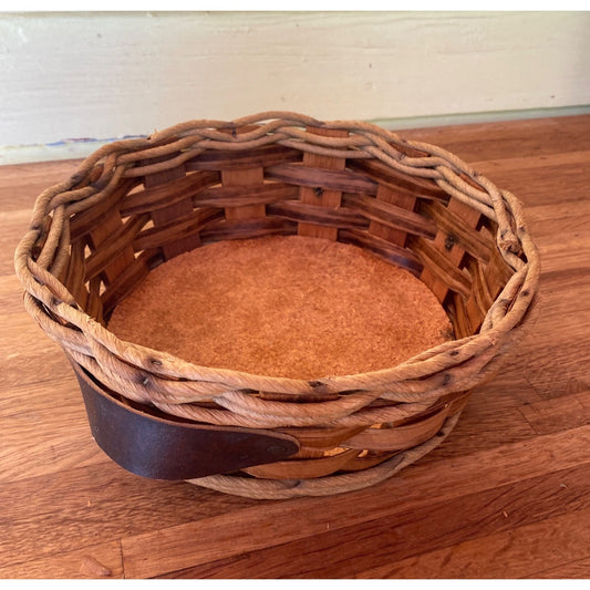 Vintage Wicker Basket With Cork Insert & Leather Handles By Pyrex 10" Diameter Rustic Decor