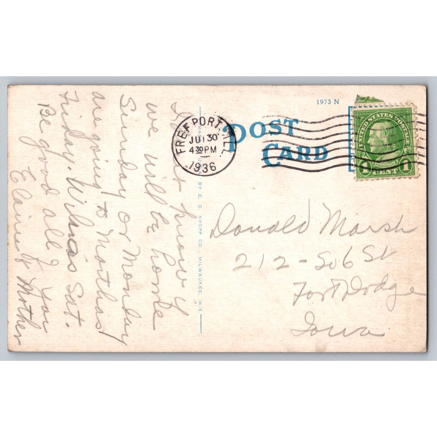 Freeport IL Illinois Golf Club 1936 White Border Postcard Used